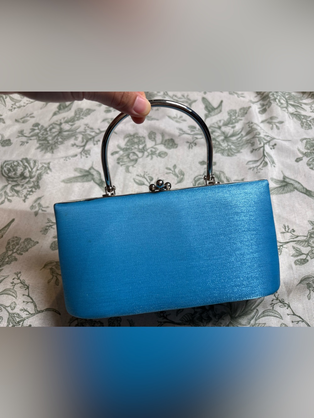Sasha Blue Satin Top-Handle Clutch with Silver Hardware